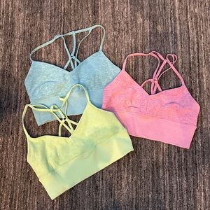 ALO Yoga: Alosoft Lavish, Strappy Sports Bra Trio - Blue, Green, Pink